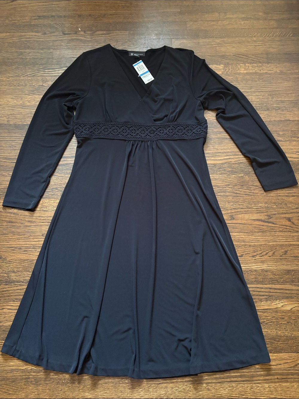 INC International Concepts Black Long Sleeve V-Neck Lace-Trim Dress NWT